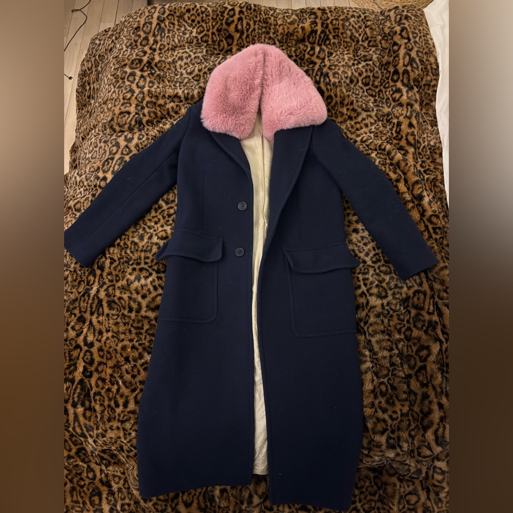 Zadig & Voltaire Manon Coat Navy Cashmere Wool Coat with Pink Faux Fur Collar
